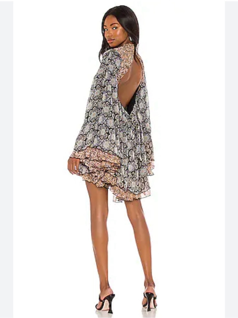 Free People Gabi Floral Mini Dress Boho Bell Sleeves Ruffle Details Open Back